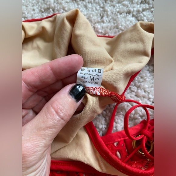 Red bikini lace design high rise high waist small bottom medium top NWT - Picture 13 of 14